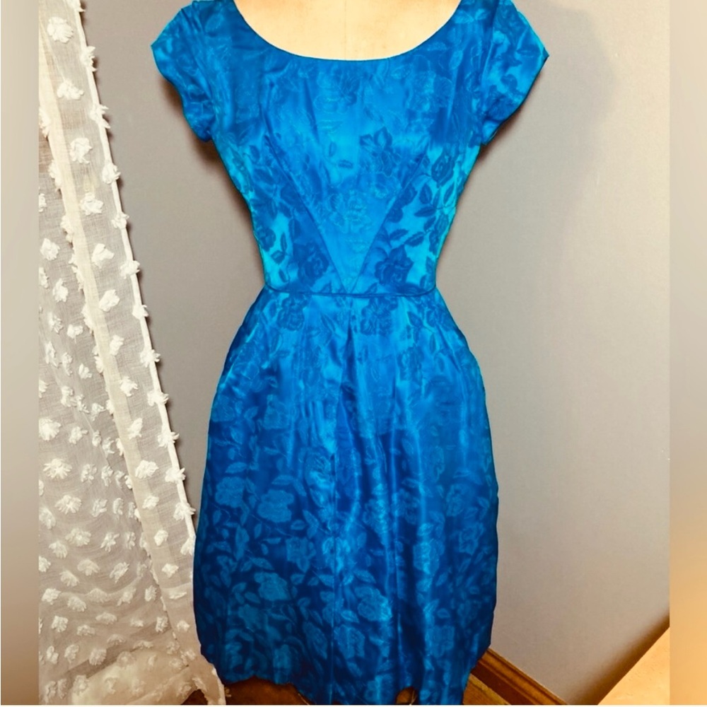 Royal blue vintage retro floral cocktail dress 50s/60 midi aline bow prom madmen - Picture 13 of 13